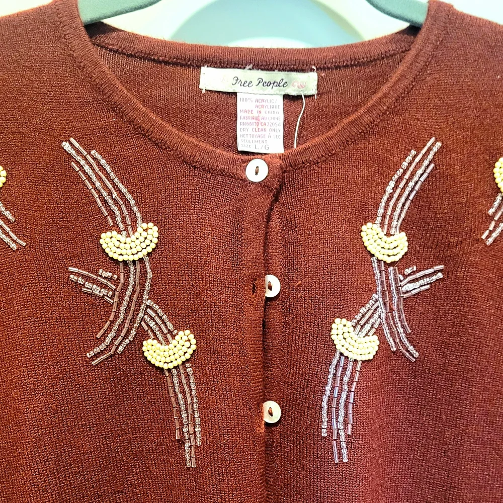 Free People Rich Maroon Vintage Inspired Beaded Cardigan - Picture 4 of 8